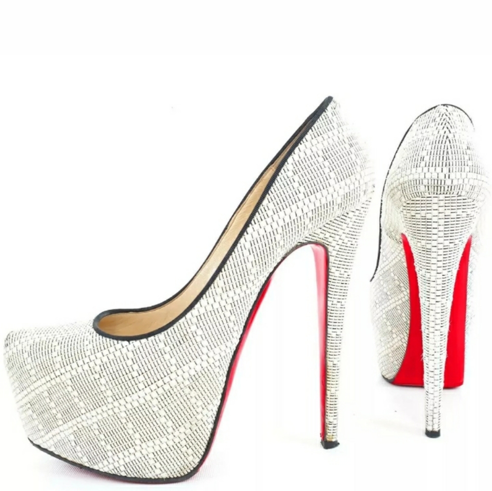 CHRISTIAN LOUBOUTIN WHITE BLACK TWEED FABRIC PUMP